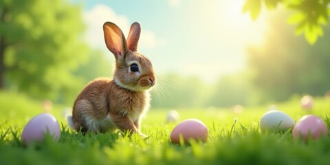 Fototapeta premium A Cute Bunny Rabbit in a Spring Meadow with Pastel Easter Eggs