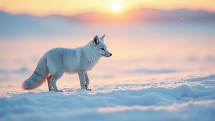A majestic arctic fox gracefully traverses a pristine snowfield, bathed in the warm glow of a breathtaking sunset, its thick white fur illuminated by the golden hour's radiant light.