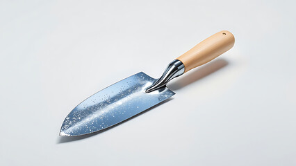 Shiny stainless steel trowel with wooden handle against a soft white background.