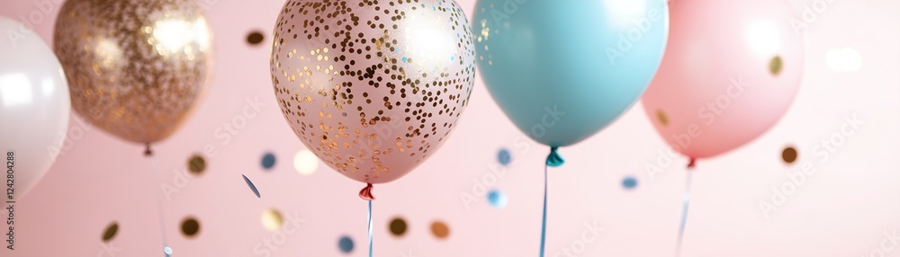 Poster floating pastel and metallic balloons adorn a soft pink gradient backdrop, creating a cheerful atmos