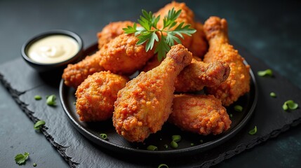 A plate of crispy fried chicken drumsticks garnished with fresh herbs.