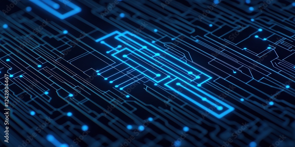 Poster 5g networks concepts. digital circuit board with glowing blue lines on a dark background.