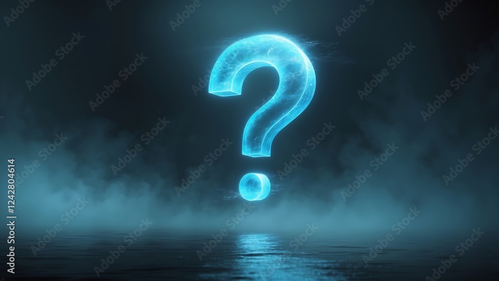 Poster mysterious glowing question mark floating above a dark reflective surface in a foggy environment at 