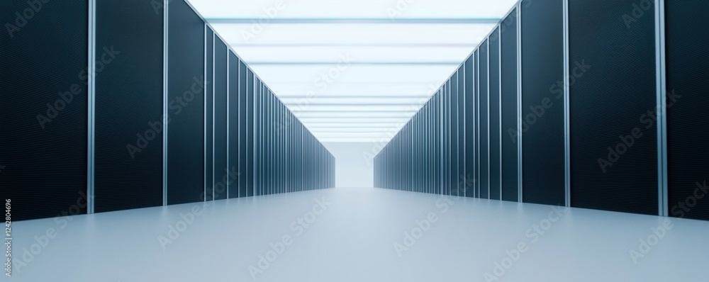 Poster 5g networks concepts. futuristic corridor with illuminated ceiling and dark walls.