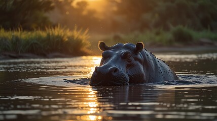 massive hippo emerging from a calm river at sunrise, water dripping from its thick skin generated ai