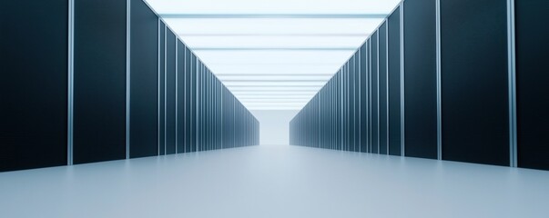 5G Networks Concepts. Futuristic corridor with illuminated ceiling and dark walls.