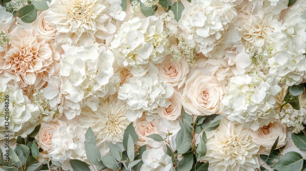 Poster A stunning array of blooms fills the setting with gentle elegance, blending hydrangeas, roses, and dahlias in soft pastels, creating a tranquil and inviting atmosphere perfect for celebrations
