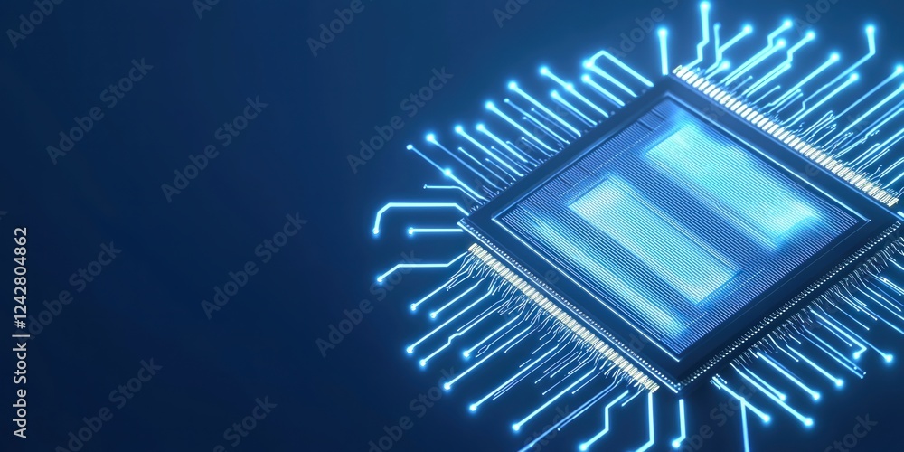 Poster 5g networks concepts. futuristic microchip with glowing circuits on a blue background.