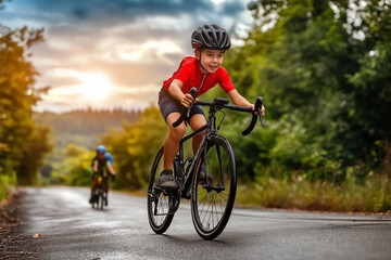teenage cyclist riding a bicycle outdoors on a picturesque rural road