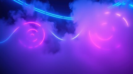 Obraz premium Vibrant neon lights dance through swirling mist in an enchanting atmosphere at a nighttime festival