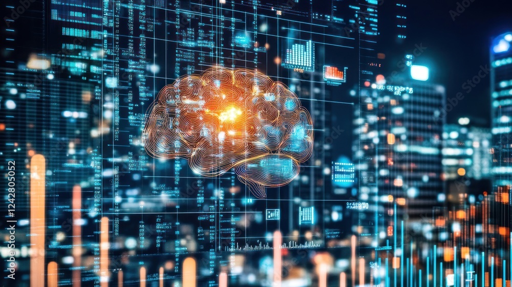 Poster Digital Brain Data Visualization Over Cityscape