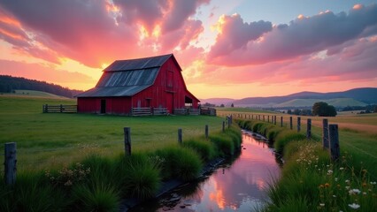 Serene Sunset Over Rural Farmland with Rustic Red Barn and Tranquil Stream