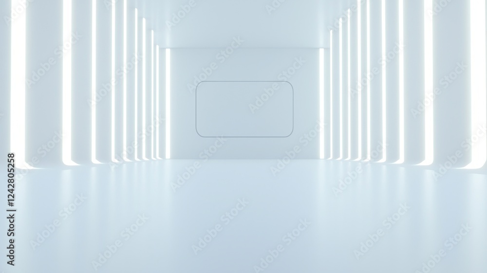Poster 5g networks concepts. minimalist, bright interior with glowing columns and empty space.