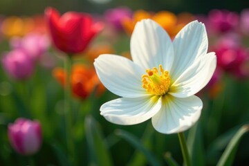 Fototapeta premium White corolla and yellow stamens in a garden with other flowers, other flowers, garden, spring