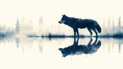 Lone wolf reflecting in misty lake, forest background, wildlife art