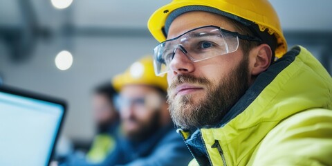 Focused engineer wearing safety gear in modern workspace