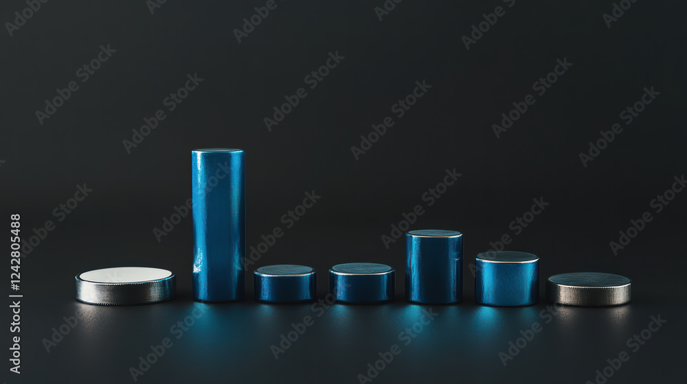 Poster artistic representation of blue and silver coins and bars arranged in line, showcasing various sizes