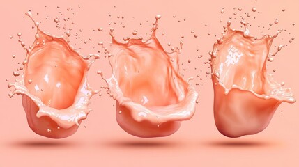 Peach liquid splashes, studio shot, pink background, advertising