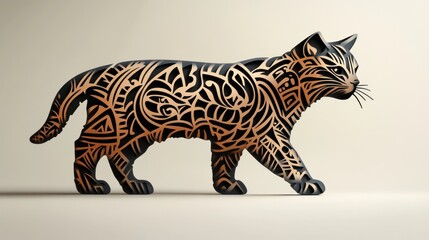 Naklejka premium Ornate Cat Silhouette Walking, Studio, Beige Background, Design