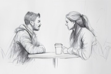 Pencil sketch representing a man and a woman sitting at a table, talking and drinking coffee