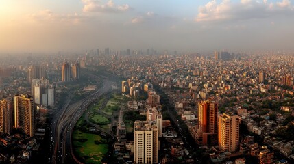 Fototapeta premium Aerial View of a Dense Urban Cityscape at Sunset