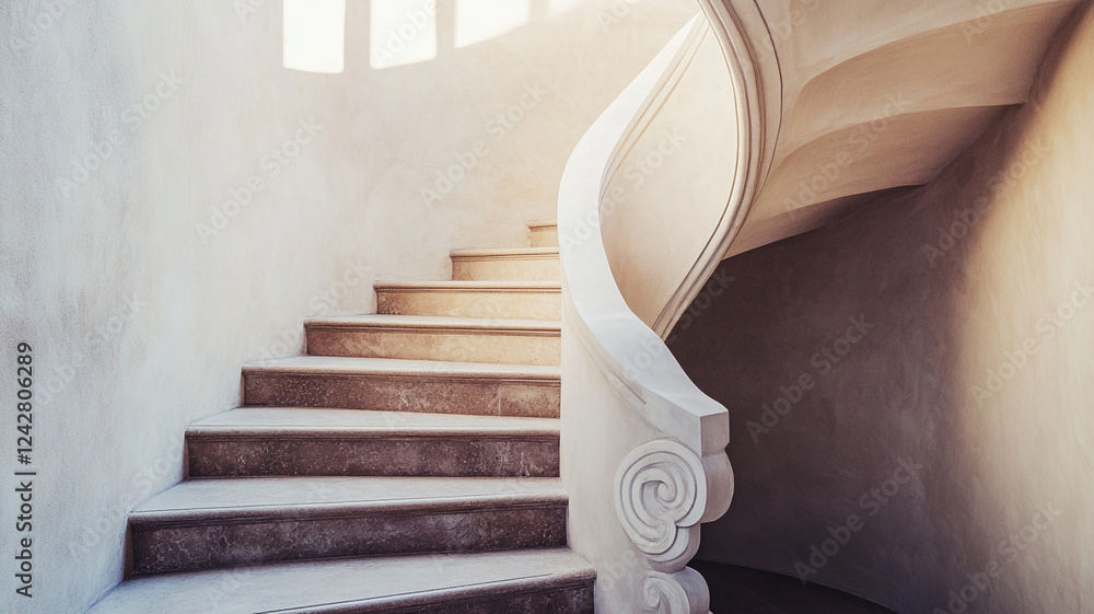 Poster artistic staircase with unique design elements, featuring smooth curves and elegant details. soft li