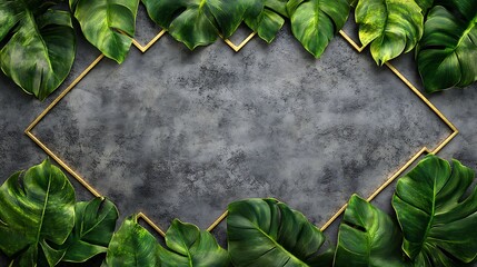Fototapeta premium Tropical leaves frame, grey backdrop