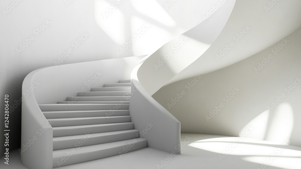 Poster artistic staircase with unique design elements, featuring smooth curves and soft lighting. minimalis