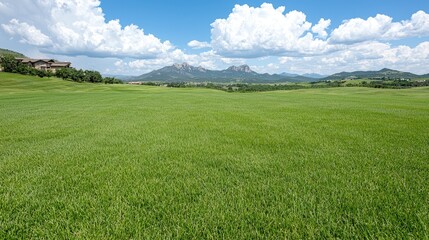 Obraz premium Green field, mountain view, summer day, clouds. Landscape photo for travel brochures