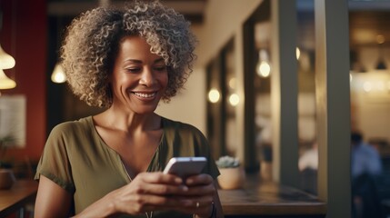 middle aged woman chatting on mobile phone in restaurant