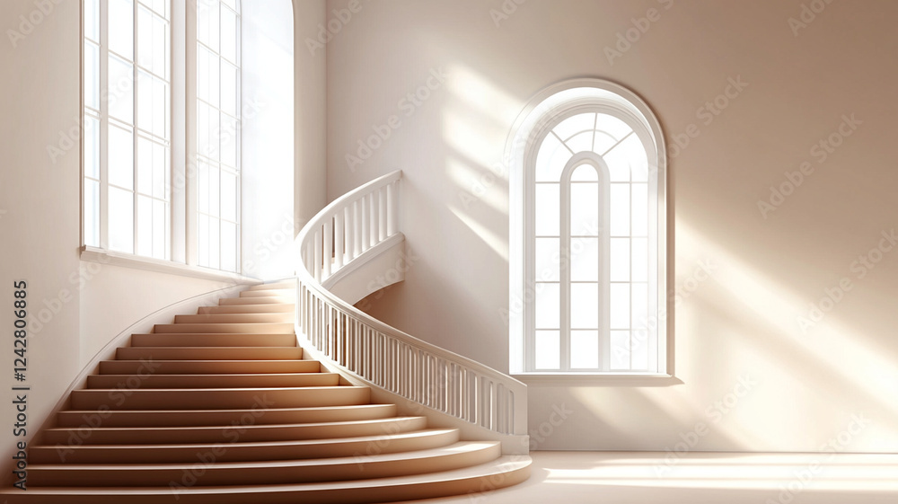 Poster brightly lit staircase with large windows, creating warm and inviting atmosphere. elegant design enh