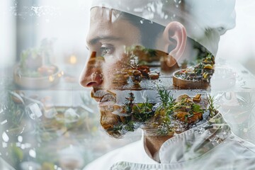 Double exposure. A thoughtful chef gazes into the distance, overlaid with culinary elements, reflecting creativity and passion for cooking