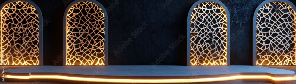 Poster Illuminated Arched Panels with Intricate Latticework Design