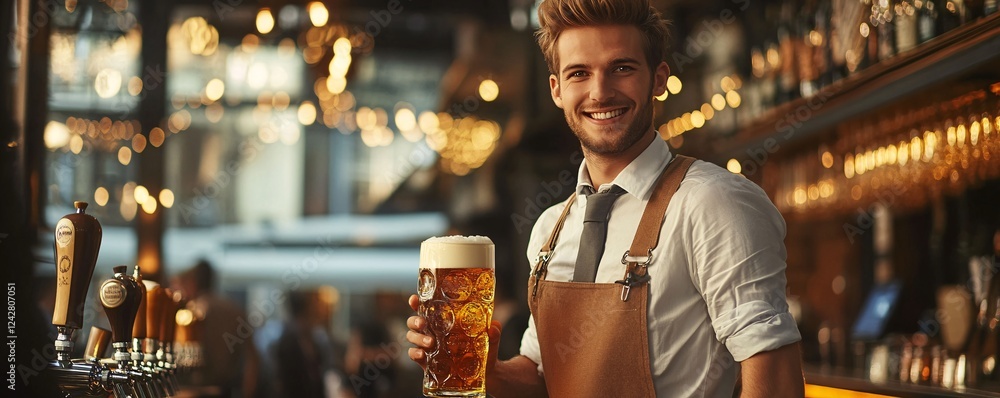 Poster handsome bartender smiling and holding a beer stein in a pub