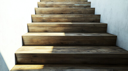 Charming wooden stairs leading up in cozy cottage, illuminated by natural light, creating warm and inviting atmosphere