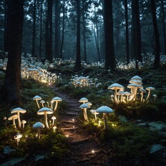 A fantasy forest where white mushrooms create a pathway of glowing light.
