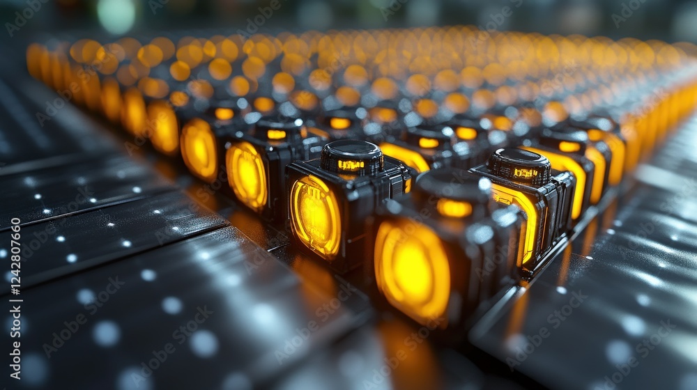 Poster a mesmerizing display of illuminated cameras arranged in a grid, showcasing advanced technology in a