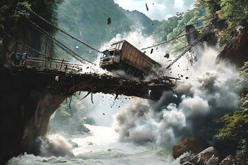 Fototapeta premium Truck falling down on a demolishing bridge