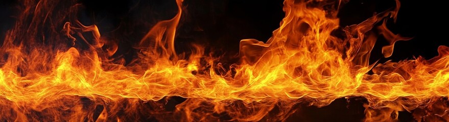 Fiery horizontal flame stream, black background, design element