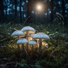 White mushrooms with a soft halo of light, thriving in an enchanted moonlit meadow.