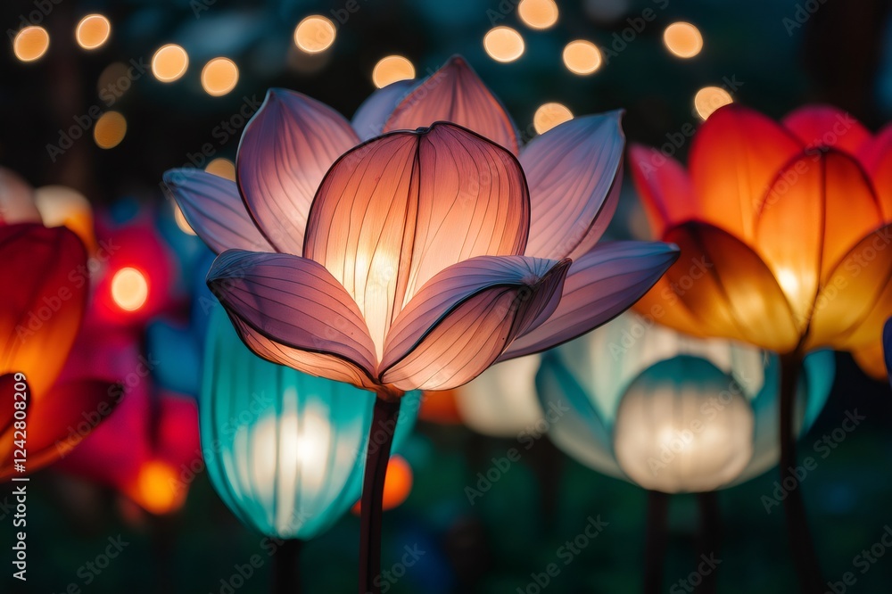 Poster beautiful flower shaped lanterns illuminating the night creating a magical atmosphere with bokeh lig