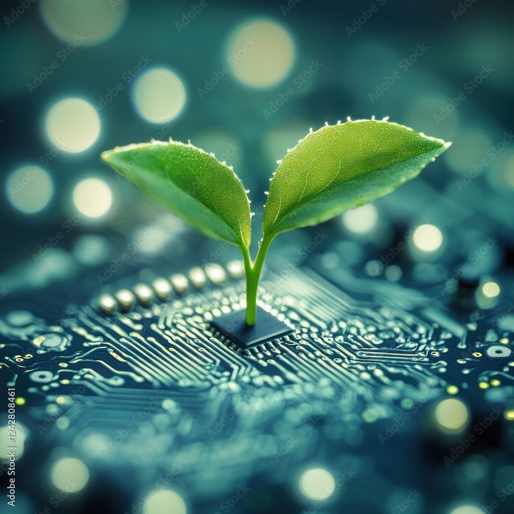 Aufkleber sprout emerging from chip. growth, technology and innovation concept with a bokeh background