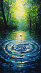 Oil painting of a water drop falling into a pond in the forest