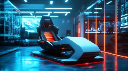 A futuristic gaming room with a high-end computer, RGB lighting, and a sleek gaming chair, creating the perfect cyber gaming atmosphere.