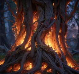 Vines of woven starlight engulfed in fire on a ancient tree trunk, eerie glowing branches, woven star