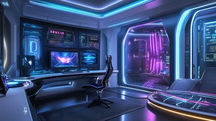 A futuristic gaming room with blue and purple neon accents, a sleek desk, and a high-performance gaming PC.
