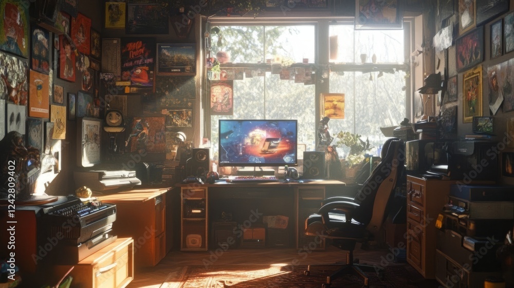 Poster a gaming room filled with personality, featuring a single-monitor setup, sunlight streaming through,