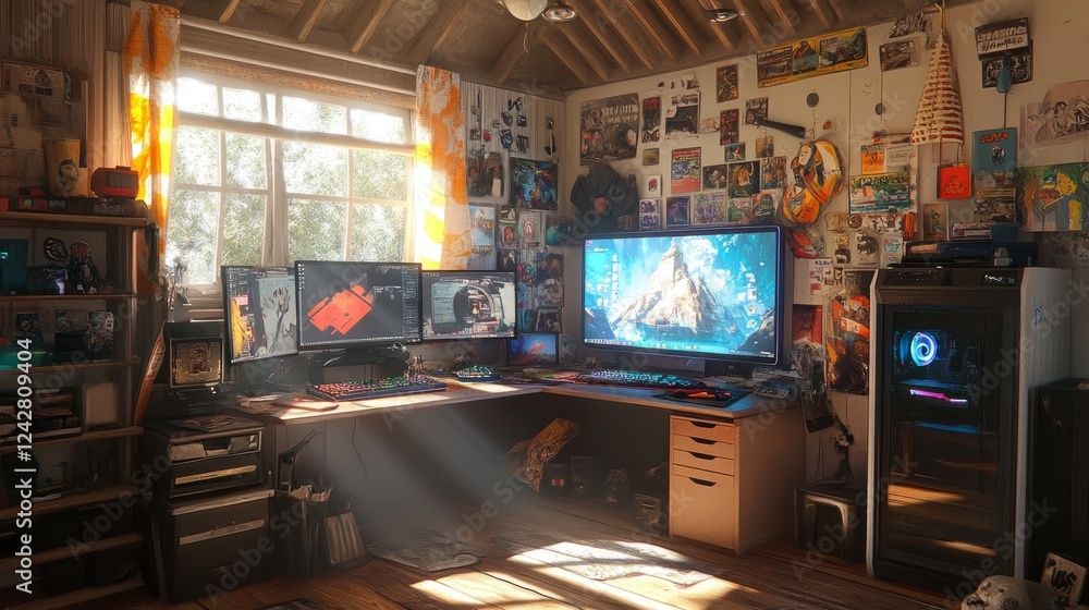 Poster a gaming room filled with personality, featuring a single-monitor setup, sunlight streaming through,