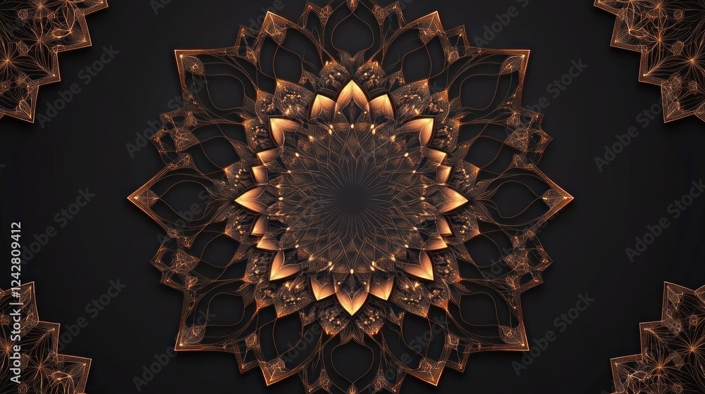 Poster glowing gold mandala design elegant intricate pattern