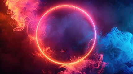 Obraz premium A bright neon circle glowing in shades of pink and blue, surrounded by swirling multicolored smoke on a dark background.